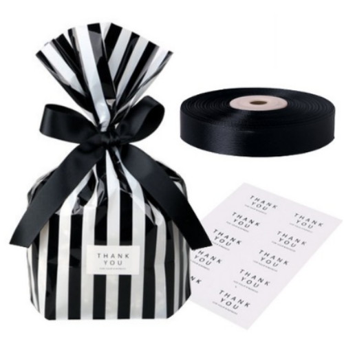 OPP 비닐 바닥M 블랙 스트라이프 + 땡큐스티커 + 공단리본 세트