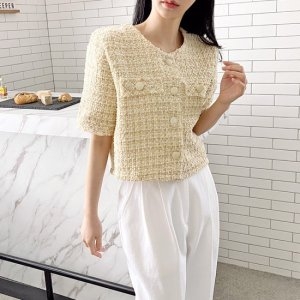 수키 노카라 앞버튼 반팔 트위드 자켓 1100722