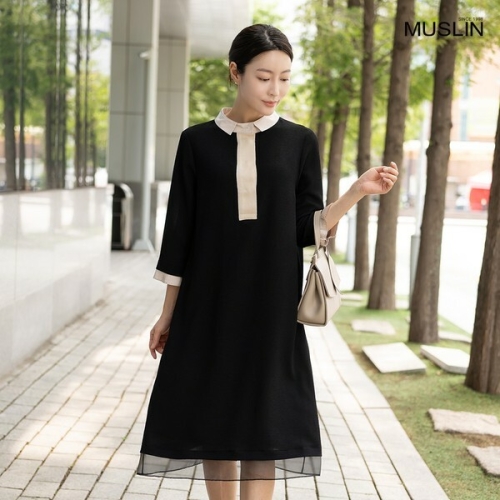 모슬린 엄마옷 배색 카라 원피스 OP208087 중년여성의류/50대/60대/마담/빅사이즈/할머니옷/40대
