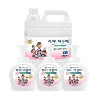 <b>아이</b><b>깨끗해</b> 핸드워시 대용량 리필 4L x 1개+펌프용기 490ml x 3개