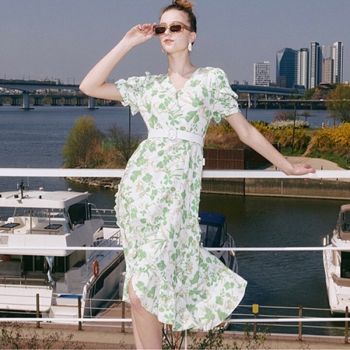 사틴 플라워 패턴 언발 벨티드 원피스 S222H652_이미지