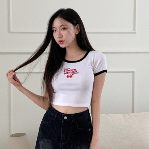 옷자락 여자 여름 캠퍼스 캐주얼 배색 미니 크롭 반팔 티셔츠 WT31116_블랙 FREE