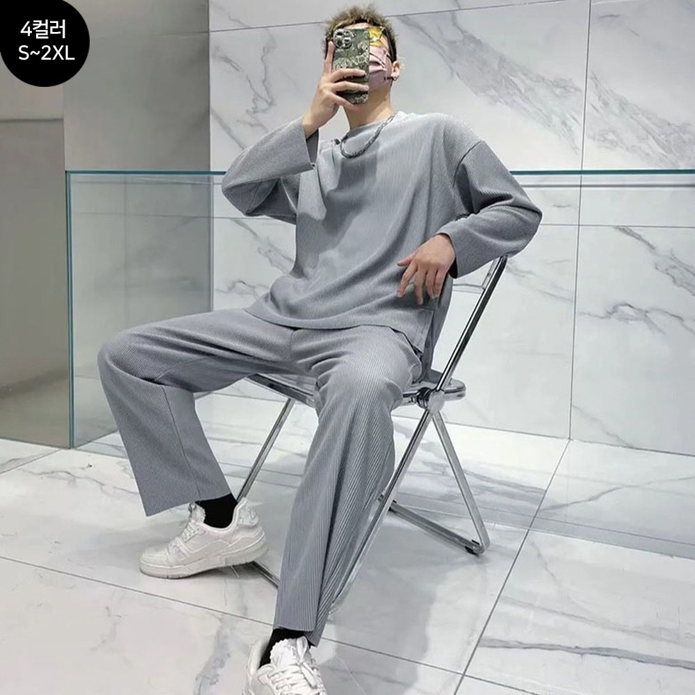 데일리룩 FANSYLI 남자 여름 셋업 남성용 캐주얼 드라이핏 아이스 쿨링 긴팔티 와이드팬츠 투피스 트레이닝세트 츄리닝세트 2603JLL6207 그레인세트 2XL