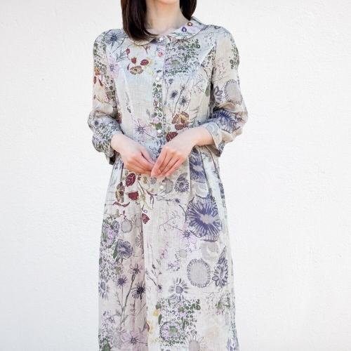 비꼴리끄 린넨 프린트 라운드카라 칠부 원피스 B252WO3260_이미지