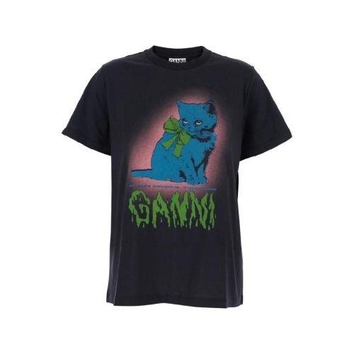 ���� GANNI T4340252 Black Crewneck T Shirt with Maxi Logo on the Front in..