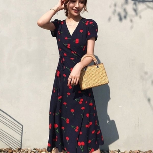체리 패턴 포인트 시원한 여성 롱 원피스 KYR-WDC56AE