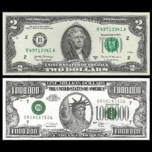 [불명] 미국 행운의 2달러 + 백만달러 지폐 2종 세트_이미지