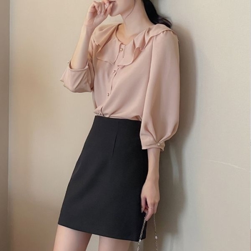 챠밍 BLQ206 러플 카라넥 진주 블라우스_이미지