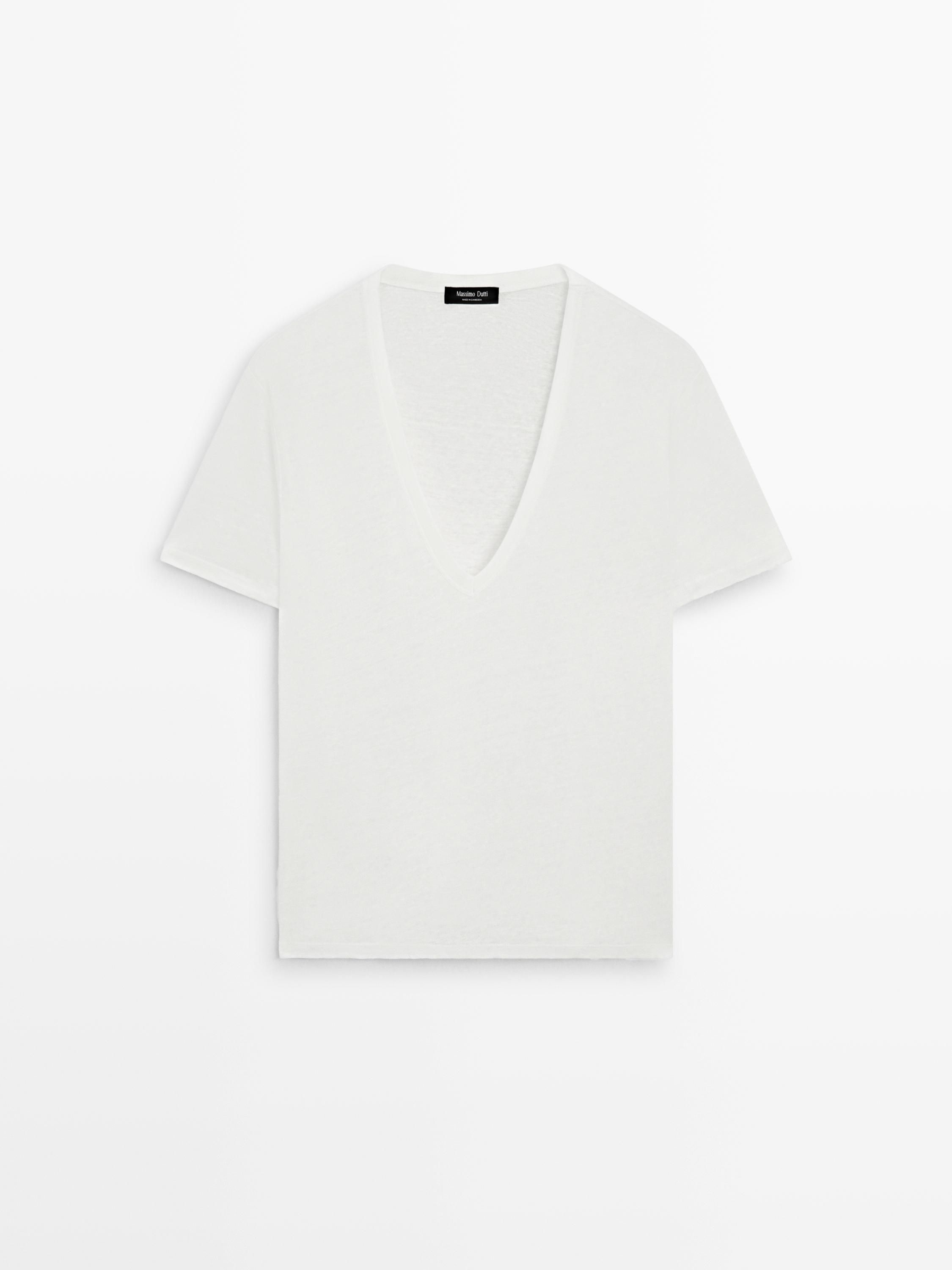 브이넥 린넨 티셔츠 Grbrochenes Weiss 6857937