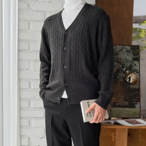 쿠비코 니트 꽈배기 버튼 Y넥 가디건 COC-MZ761NE_이미지