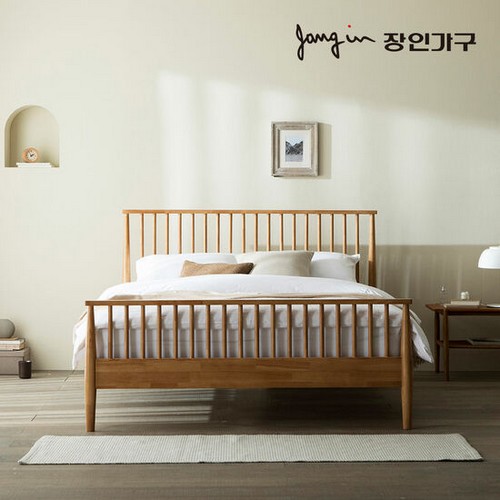 장인가구 바인 플러스 후드형 고무나무 원목 침대 Q (매트별도)_이미지