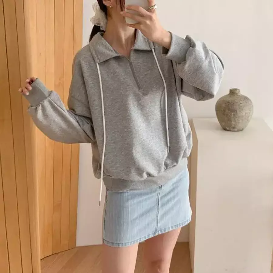 여자 반집업 끈 카라넥 오버핏 무지 개강룩 봄 맨투맨