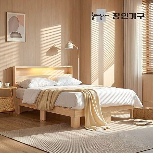 장인가구 온숨 편백나무 통원목 헤드형 LED침대 K (매트별도)_이미지