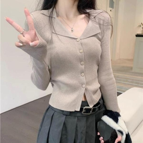 베이지 카라 니트 가디건 슬림핏 골지 긴팔 상의 WFL0PTO_이미지