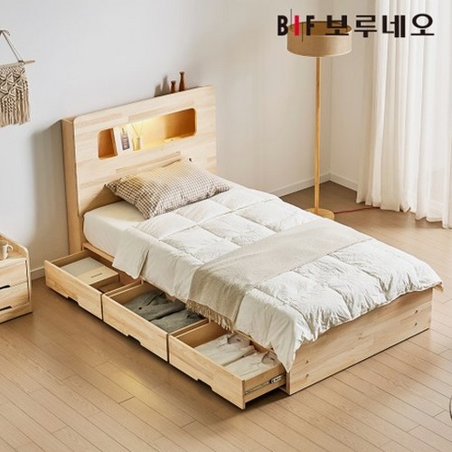 BIF보루네오 코지 3서랍 편백나무 원목 수납헤드 침대 SS