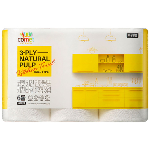 코멧 키친 천연펄프 롤형 3겹 키친타월 160매 (6입)이미지입니다. 누르면 해당 게시물로 새창이동합니다.