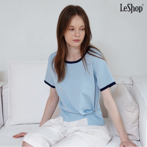 르샵 라운드넥 배색 랩 버튼 반팔 니트 DP3KT001A