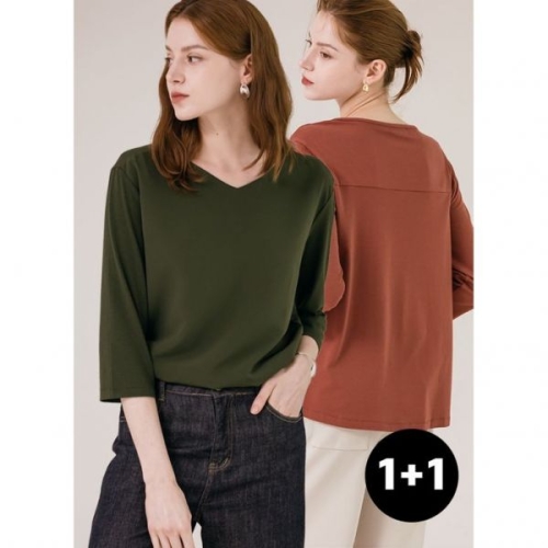 1+1 실크터치 딥브이 7부 모달 티셔츠 395834