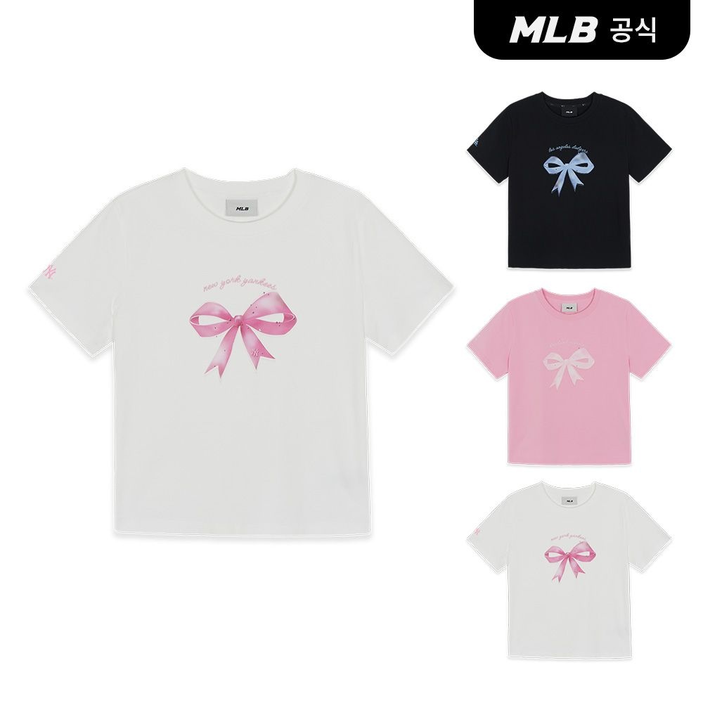 MLB 스타필드 안성 여성 리본 그래픽 슬림 세미 크롭 반팔 티셔츠 3FTSN6863_이미지