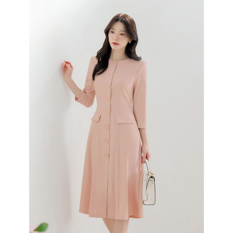 시크라인 XXL까지 에온무 라운드넥 플레어 원피스 봄 가을 하객룩 오피스룩 모임룩 격식룩 빅사이즈 L CLQA-O-27 핑크 L
