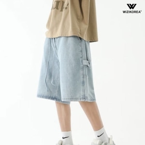 위즈아이 남자 와이드핏 데님 카고 팬츠 <b>여름</b> 스트릿 루즈핏 <b>청</b><b>반바지</b> WI229PN