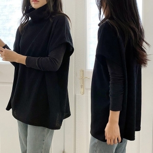  아이우먼 빅사이즈여성의류 골지 하이넥 폴라 조끼 스판 티셔츠NOK445