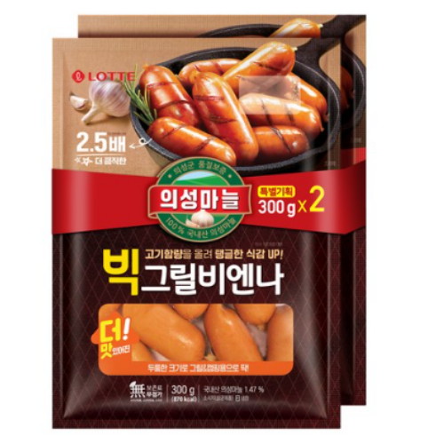 롯데웰푸드 롯데햄 의성마늘 빅그릴비엔나 300g (12개)