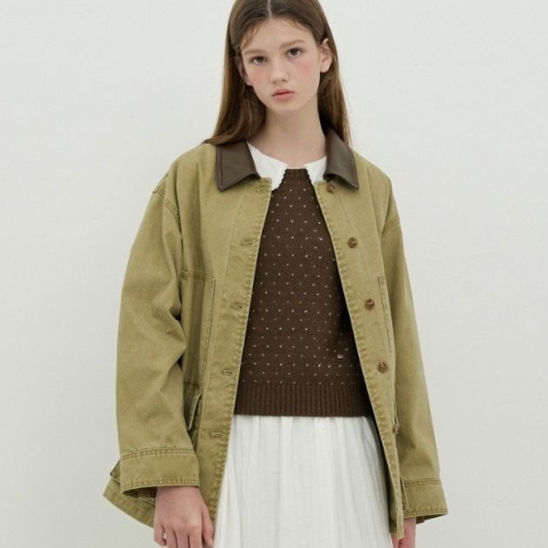 올리브데올리브 카라 가죽 배색 옥스포드 워크자켓 OE5AJ864_이미지