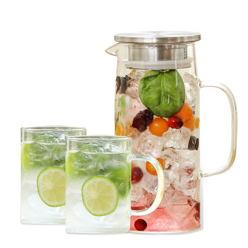 내열유리 차거름망 냉장고물병1L + 컵300ml 2P