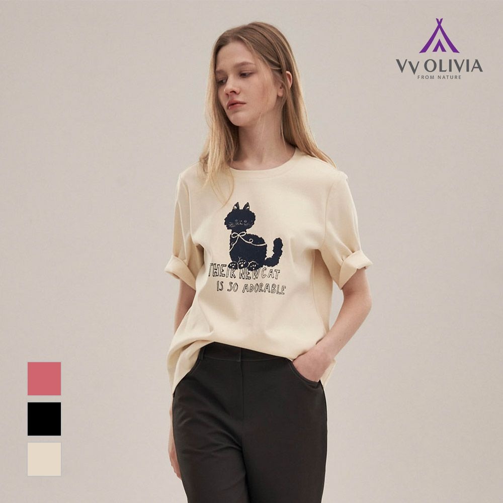 올리비아로렌 여성 고양이 프린트 티셔츠 VVBAS6M3261_이미지